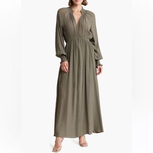 Wishlist Smocked long sleeve dress Elegant Olive Green Maxi Dress